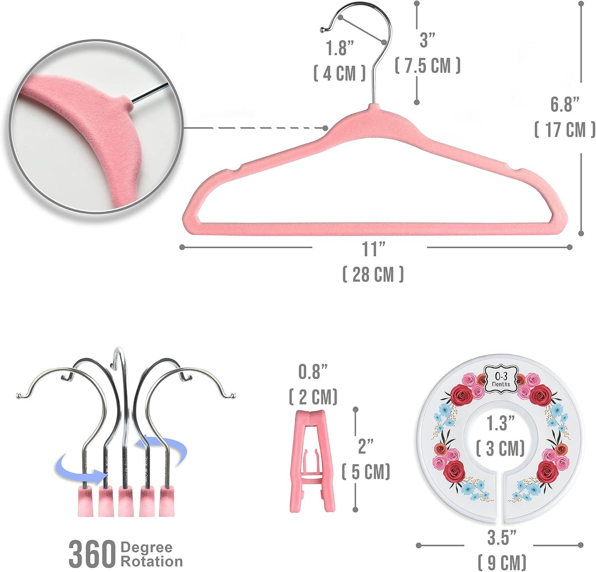 Babyrish Velvet Baby Hangers with 10x Clips and 8X Dividers (30 Pack) | 11” Ultra-Slim Baby Clothes Hangers | Non-Slip Felt | Space-Saving Nursery & Infant Closet Organizer | Pink