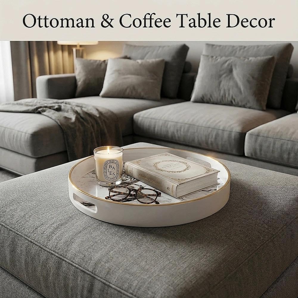 Round Decorative Tray, Marbling Plastic with Handles, Modern Vanity and Serving for Ottoman, Coffee Table, Kitchen and Bathroom, Size 13", White
