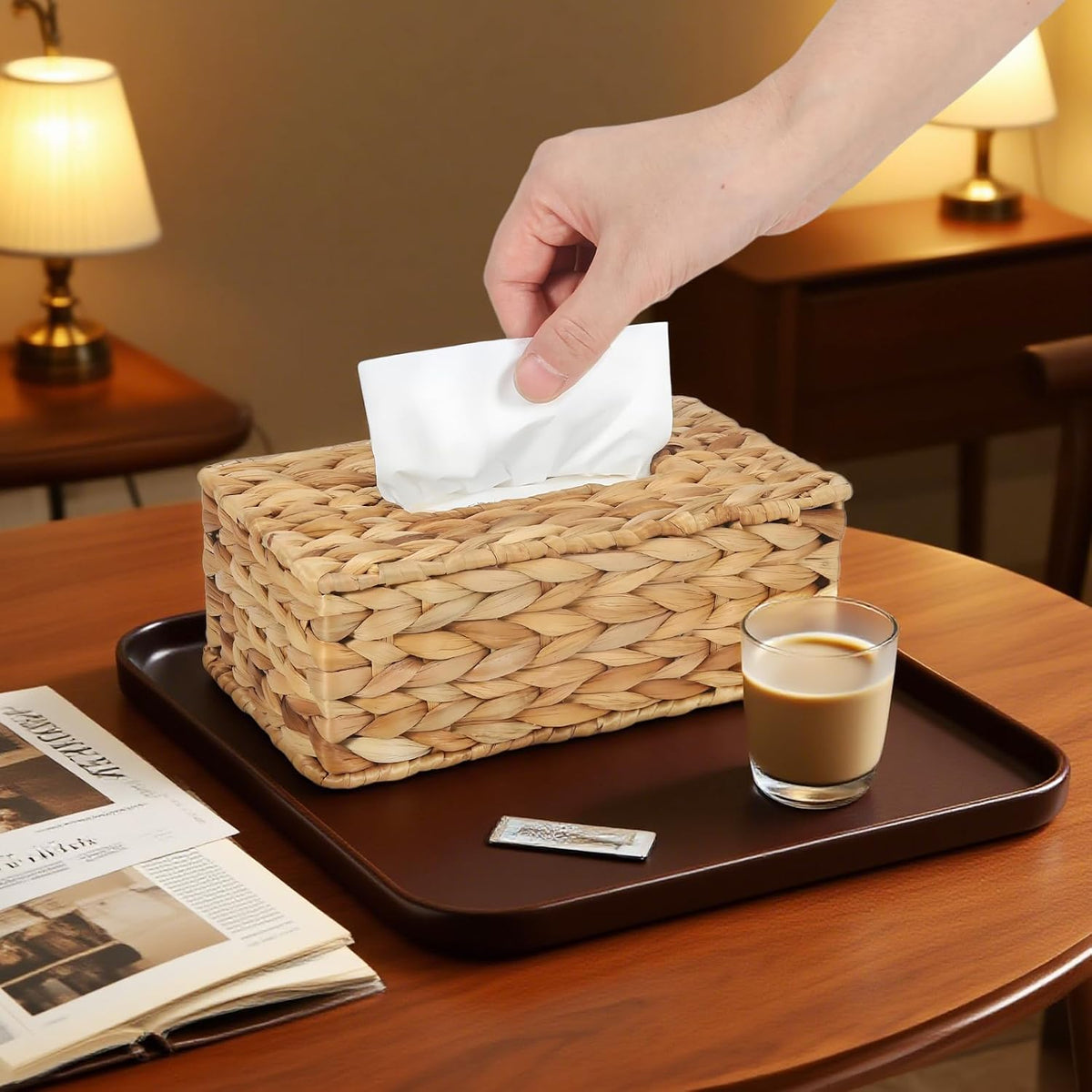 Water Hyacinth Rectangular Tissue Box Cover - Handwoven Natural Decorative Tissue Holder, Fits Standard Rectangular Tissue Boxes for Living Room, Bedroom, Bathroom, Sustainable Home Decor