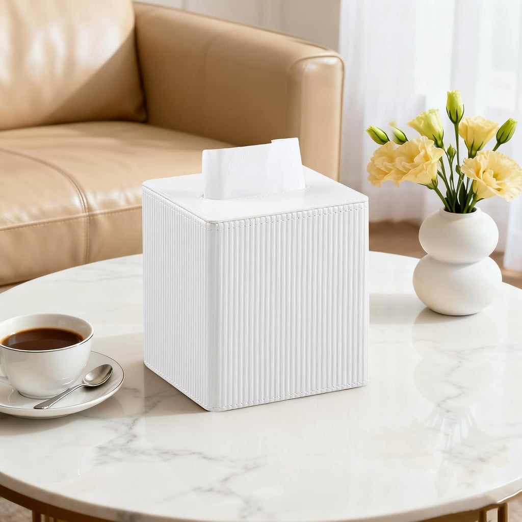 PU Leather Square Tissue Box Cover Tissue Box Holder Cube (Ivory)