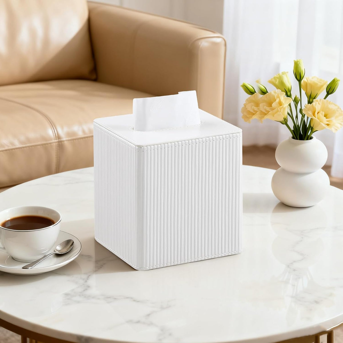 PU Leather Square Tissue Box Cover Tissue Box Holder Cube (Ivory)