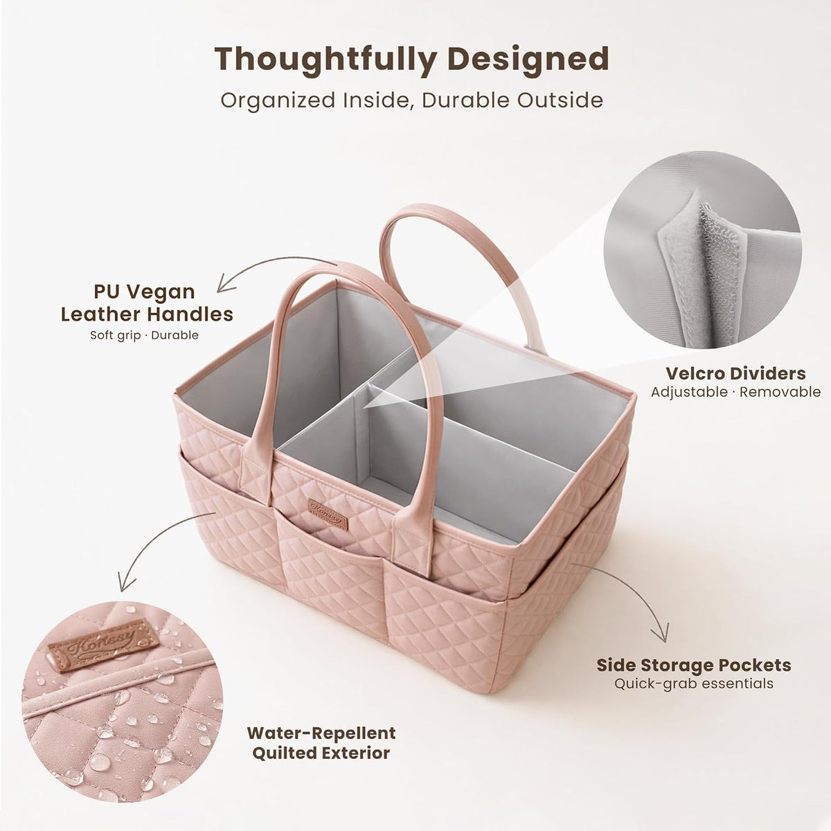 Konssy Baby Diaper Caddy Organizer, Solid Design with PU Leather Handles