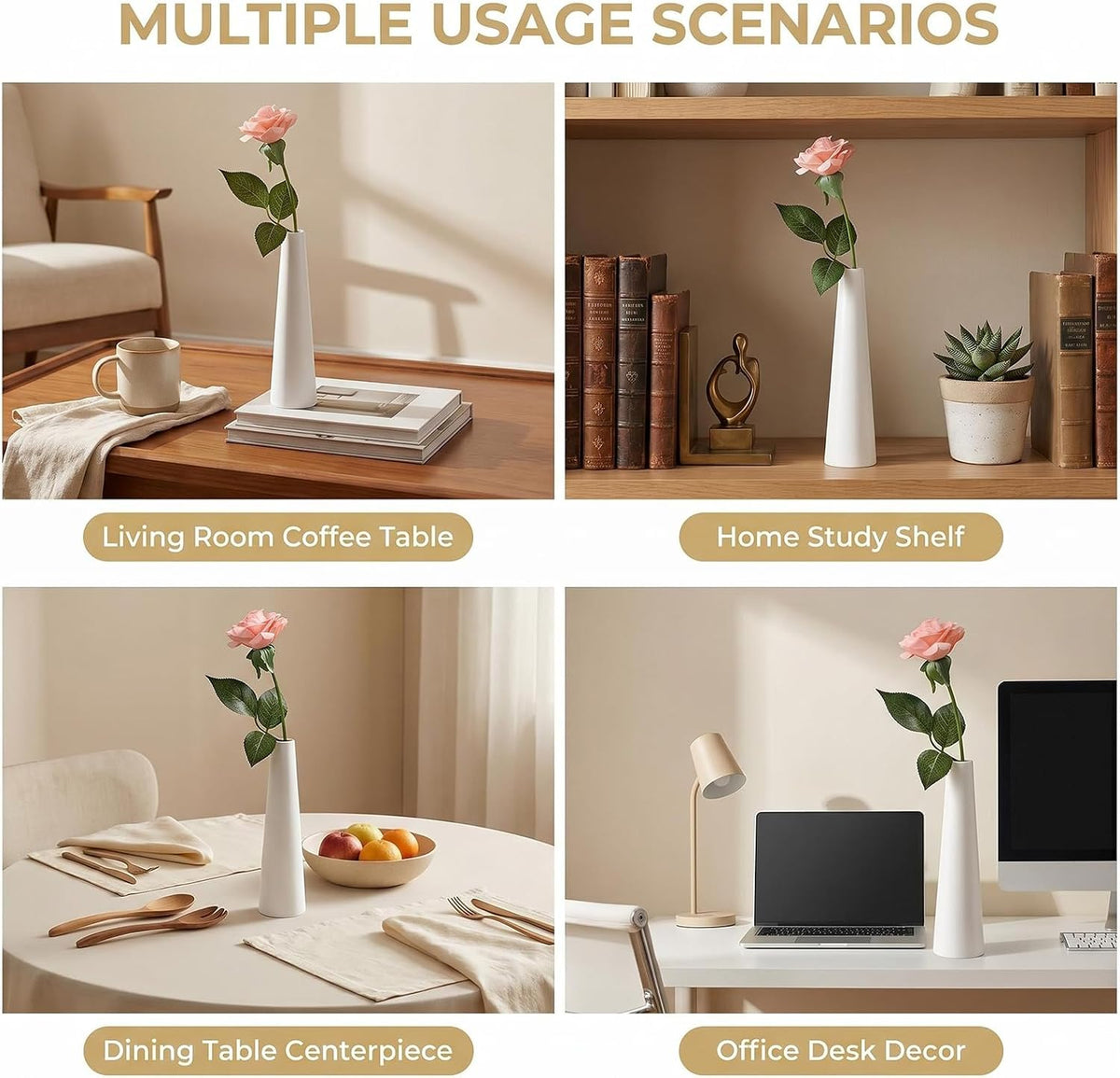 White Tall Conic Ceramic Flower Vase Decorative Floral Vase Taper Vase Table Top Small Narrow Neck Vases for Home Wedding Table Bedroom Living Room Office Desk