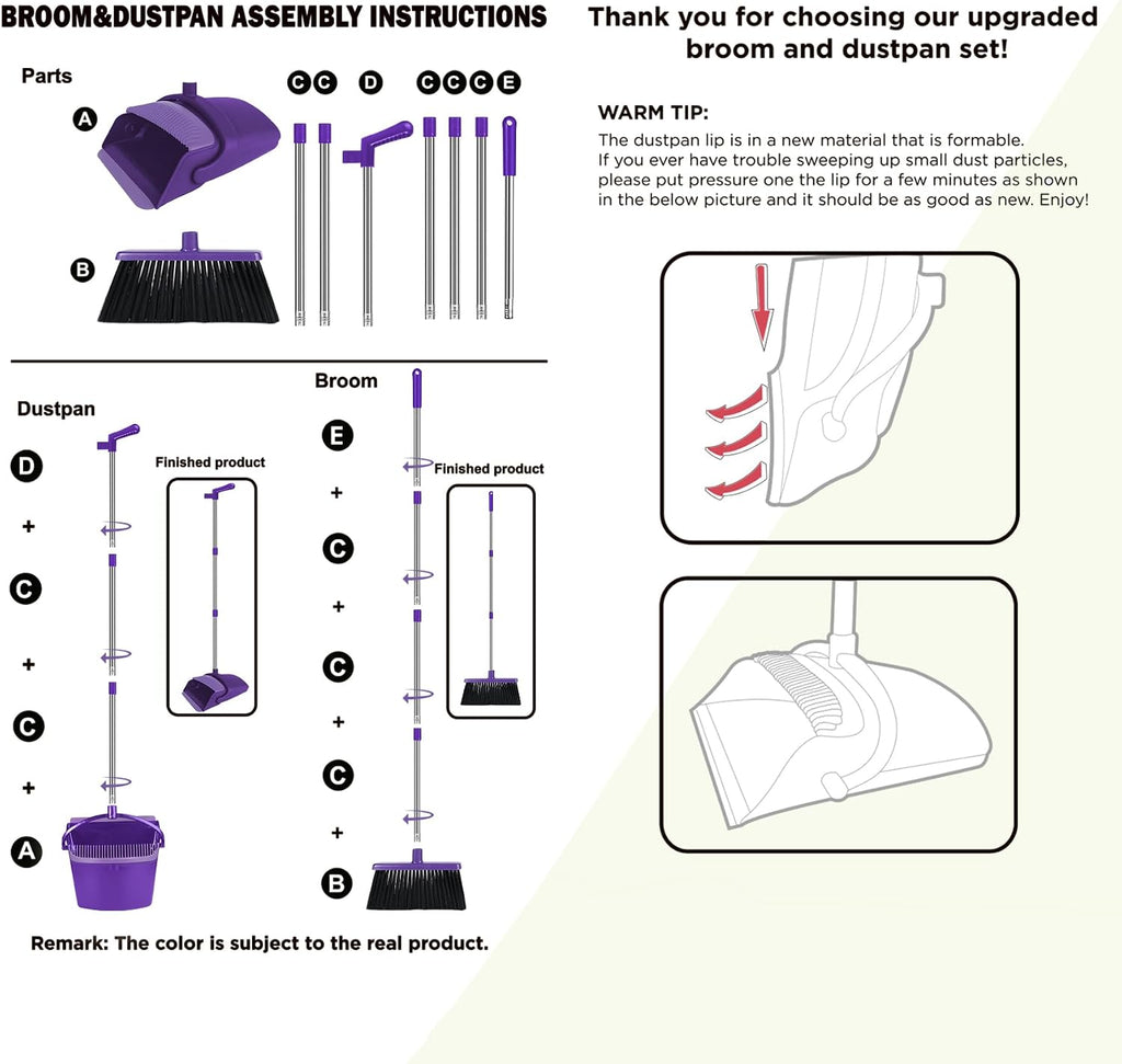 Purple Broom and Dustpan Combo Set, 51" Long Handle Broom