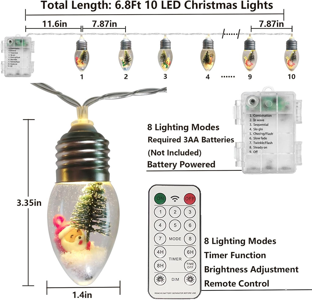 Christmas Lights Indoor 6.8Ft 10 LED Christmas Snow Globe Lights Battery Operated with Timer, Xmas String Lights Indoor for Bedroom Porch Garden Party Fireplace Tree Xmas Decor