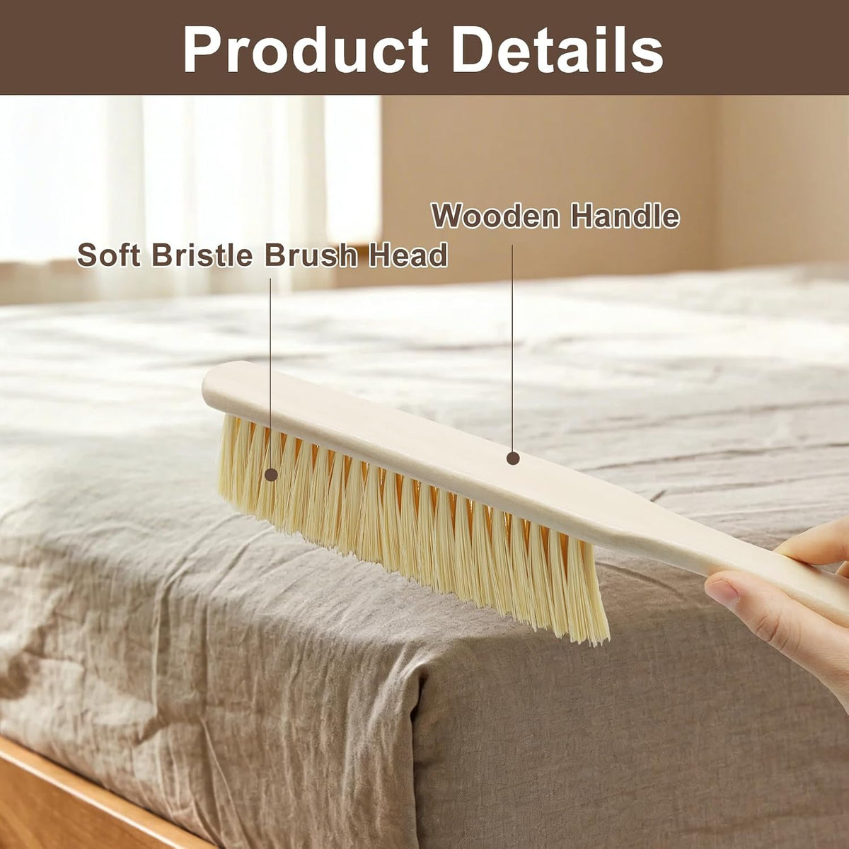 2 Pack Wooden Handle Dust Brush Set, Khaki, Brown