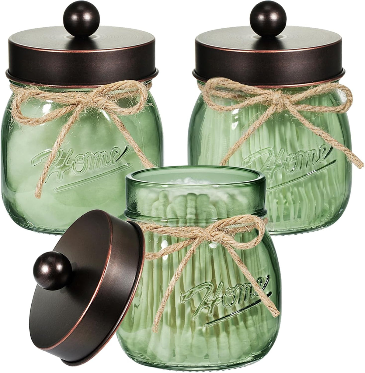 SheeChung 3 Pack Green Glass Mason Jar Qtip Holder Dispenser with ORB Lids