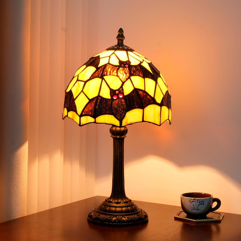 Tiffany Lamp Halloween Black Bat Stained Glass Table Lamp Handmade Bedside Table Night Unique Cute Accent Nightstand Light Antique Art Craft Gifts for Home Office Dormitory Bar Decorate
