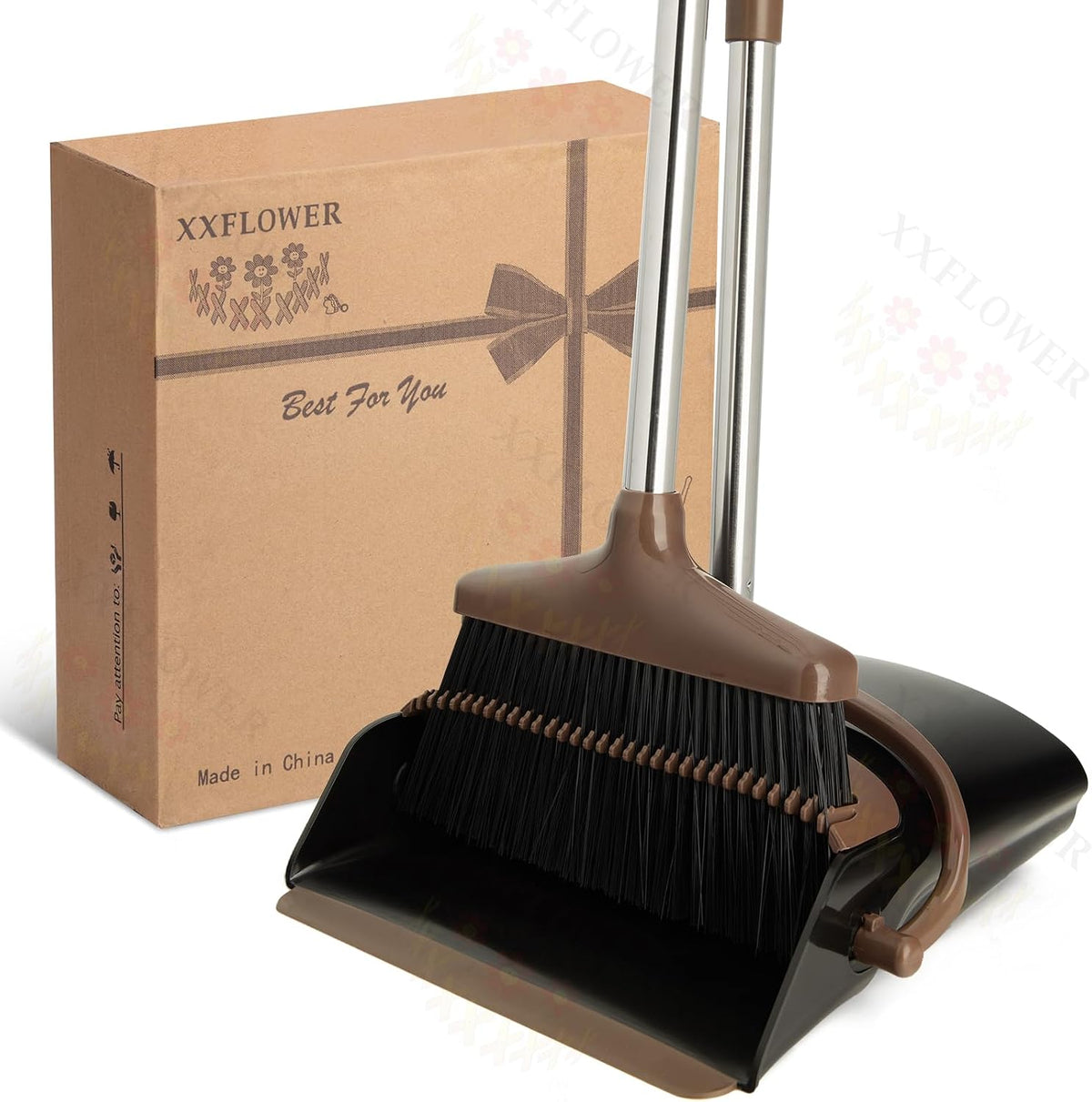 Broom and Dustpan Set with Long Handle, Light Weight Stainless Steel Poles Stand Upright Dustpans with Broom Combo for Home Kitchen Office Pet Dog Hair, 1-Pack (Black Brown)