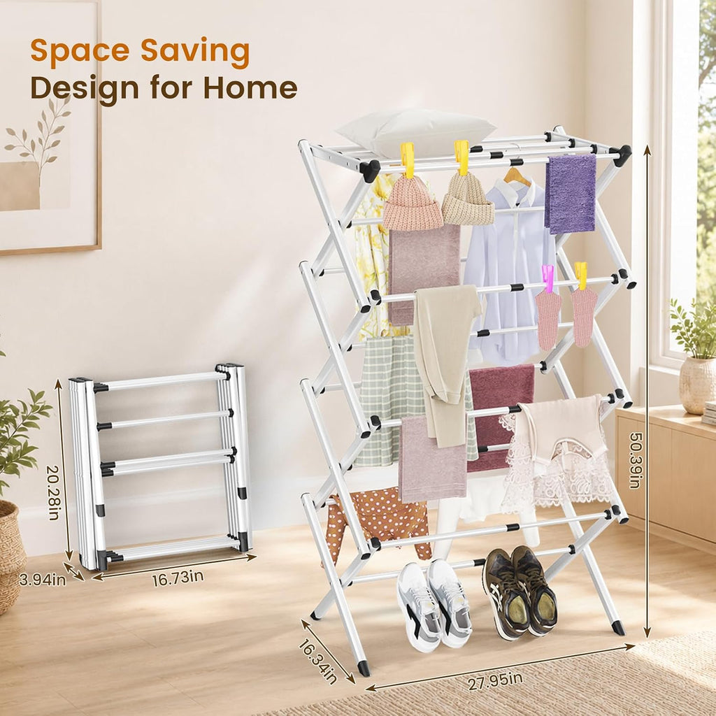 4-Tier Foldable Clothes Drying Rack, Adjustable Width 16.3"-27.95", Heavy Duty Stainless Steel Laundry Drying Rack Holds Up to 60 lbs, No Assembly, Space-Saving Indoor & Outdoor Drying Rack