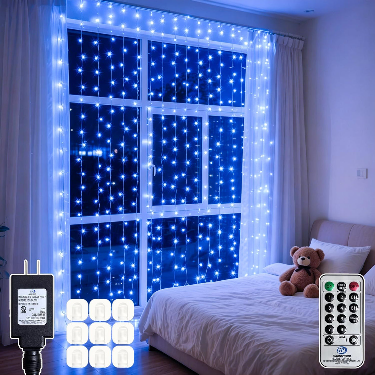 300 LED Blue Curtain String Lights 9.8x9.8FT, Plug in Fairy Lights with 9 Hooks, Dimmable Timer 8 Modes, IP44 Waterproof, Ocean Starry Boys Bedroom Wall Christmas Party Window Indoor Decor