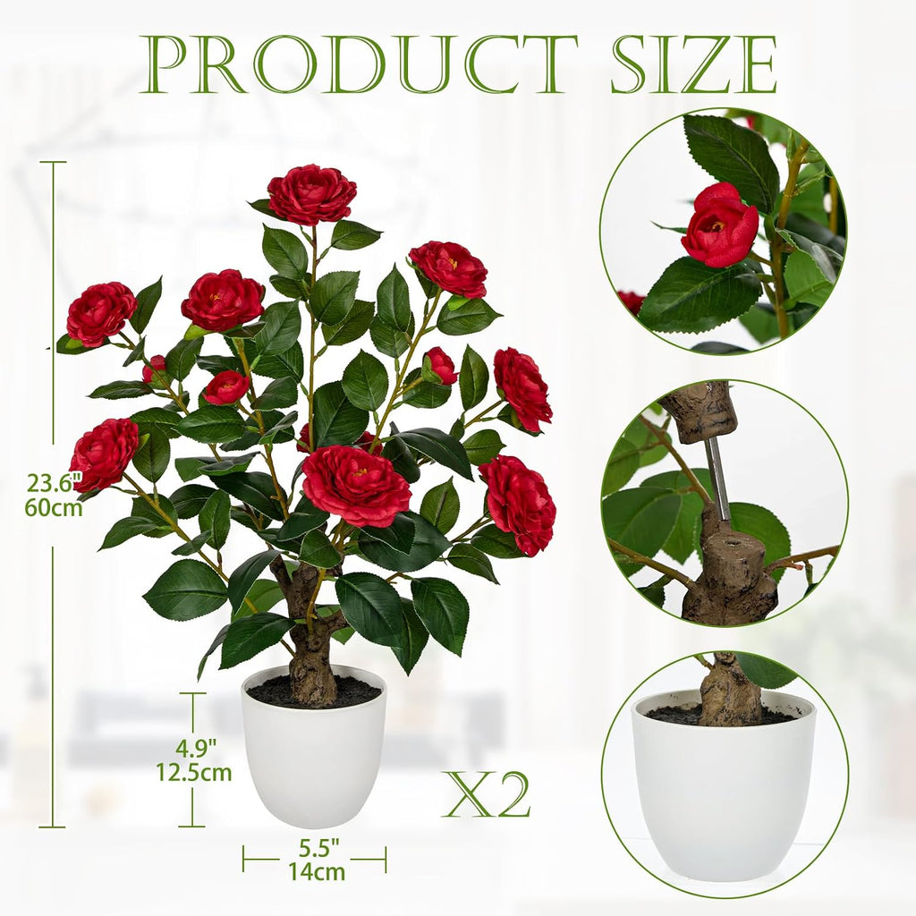 Hollyone Red Artificial Camellia Tree 2Pcs Flower Plants Artificial Tree 23.6" Small Faux Camellia Plant in Pot Greenery Potted Plant for Indoor Outdoor Porch Front Door Office Home Decor