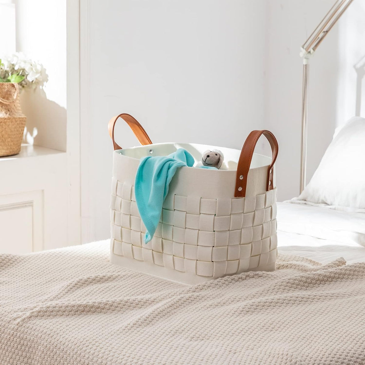 boldmonkey Blankets Basket 15 " x13 x11 2 Pack, Large Rectangular Laundry Hamper with Leather Handle, Soft Dog Toy Basket for Storage-Beige