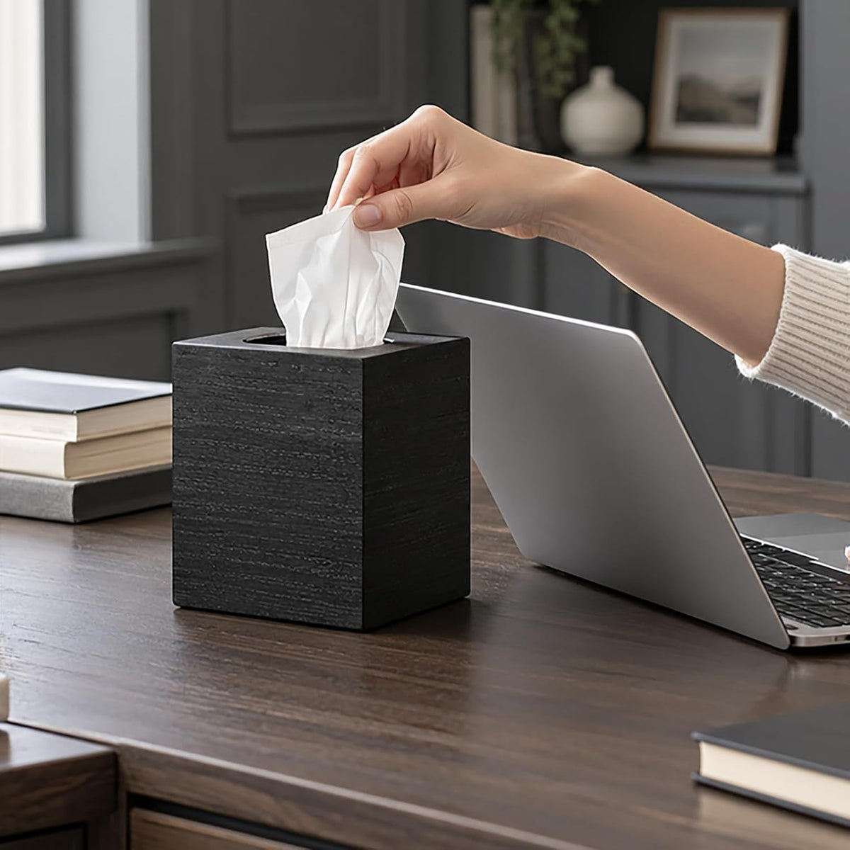 Black Wood Tissue Box Cover, Square Wooden Tissue Box Holder for Bathroom