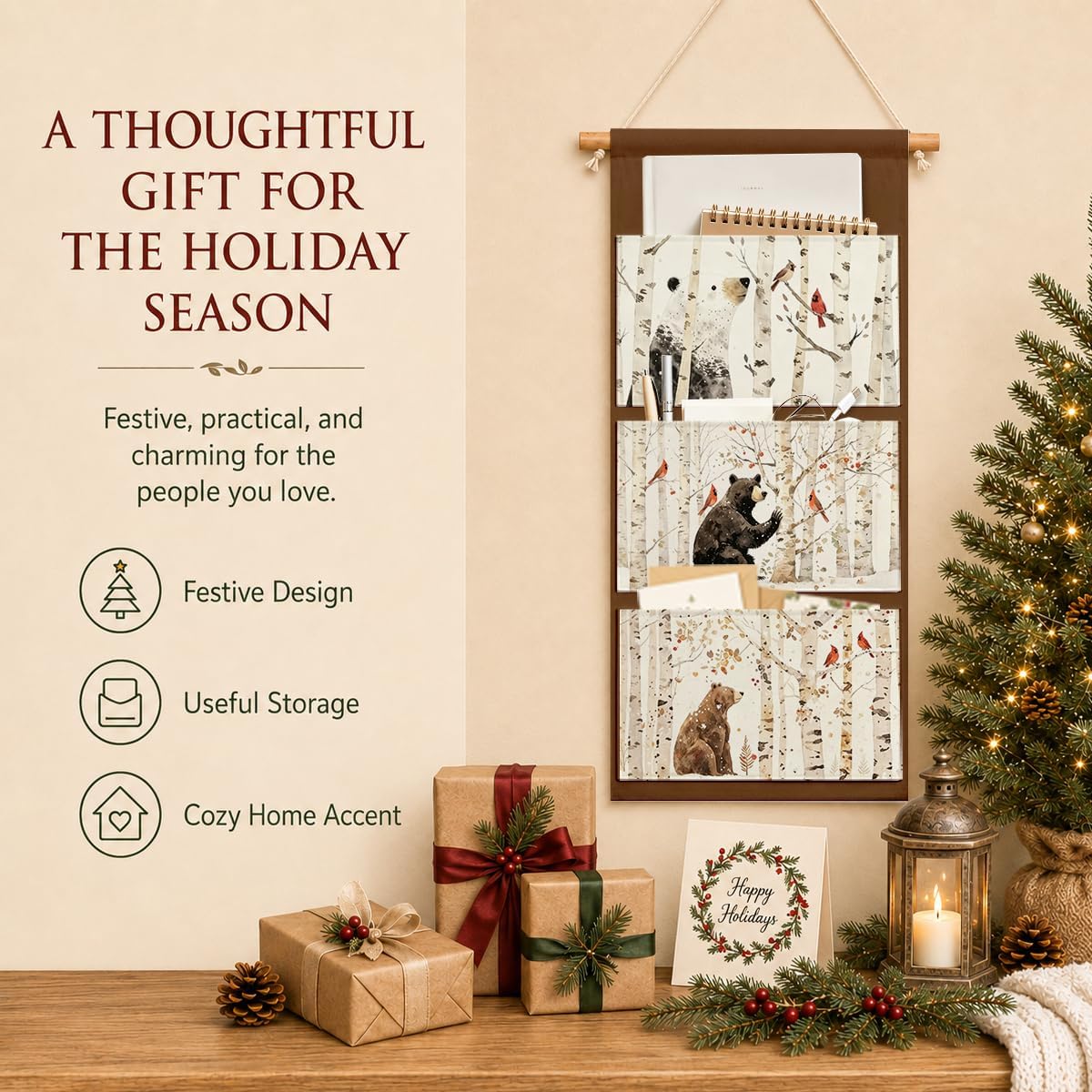 IAXIC Christmas Decor Bear Cardinal Bird Canvas Wall Art Hanging Organizer