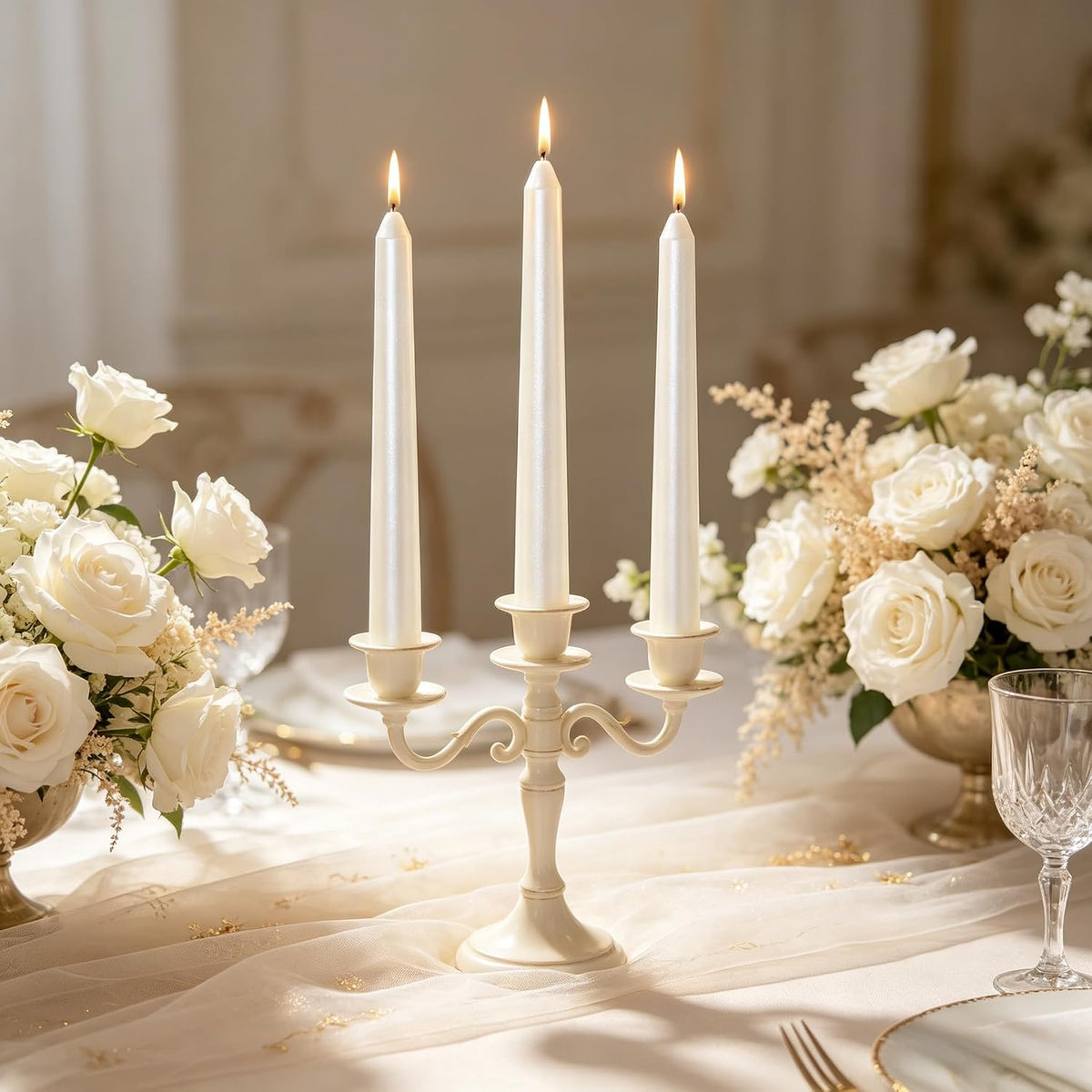 Metallic Pearl White Taper Candles for Wedding Table Centerpieces