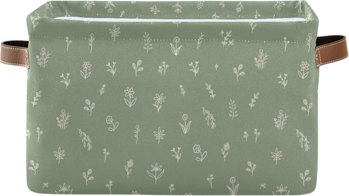 Wamika Sage Green Leaves Storage Basket with Waterproof Liner and PU Handles Floral Doodle Pattern Storage Bins Boxes 14.2" Collapsible Decorative Organizer Baskets for Bedroom Closet Office 1 Pack