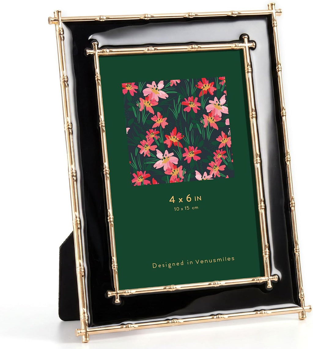 4x6 Picture Frame Black Enamel, Gold Bamboo Design Edge, Tabletop, 1pc