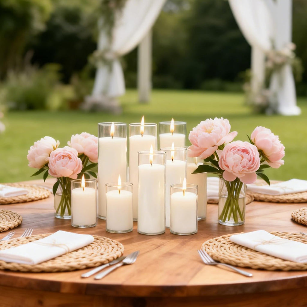 12 Pack Unscented White Pillar Candles in Clear Hurricane Glass, 3 Sizes 3/6/8 Inch (4 Each), Cylinder Candles for Wedding Centerpiece, Dinner Party Indoor & Outdoor Home Decor