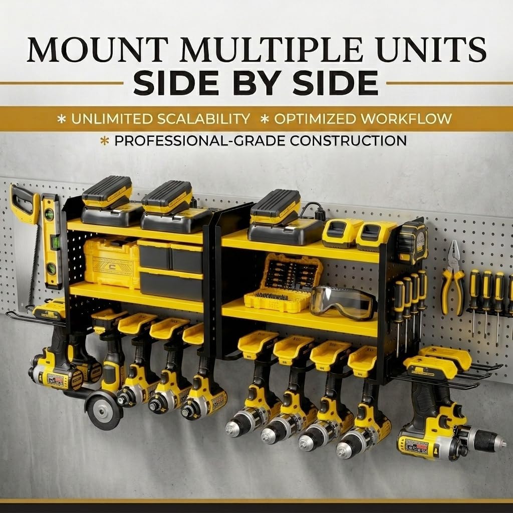 BUILTSTRONG Power Tool Organizer Wall Mount – 3-Tier Heavy-Duty Steel Rack, 6 Drill Slots, Dual Pegboard Sides, Side-by-Side Modular, 100 lb Capacity – Garage & Workshop (Yellow)