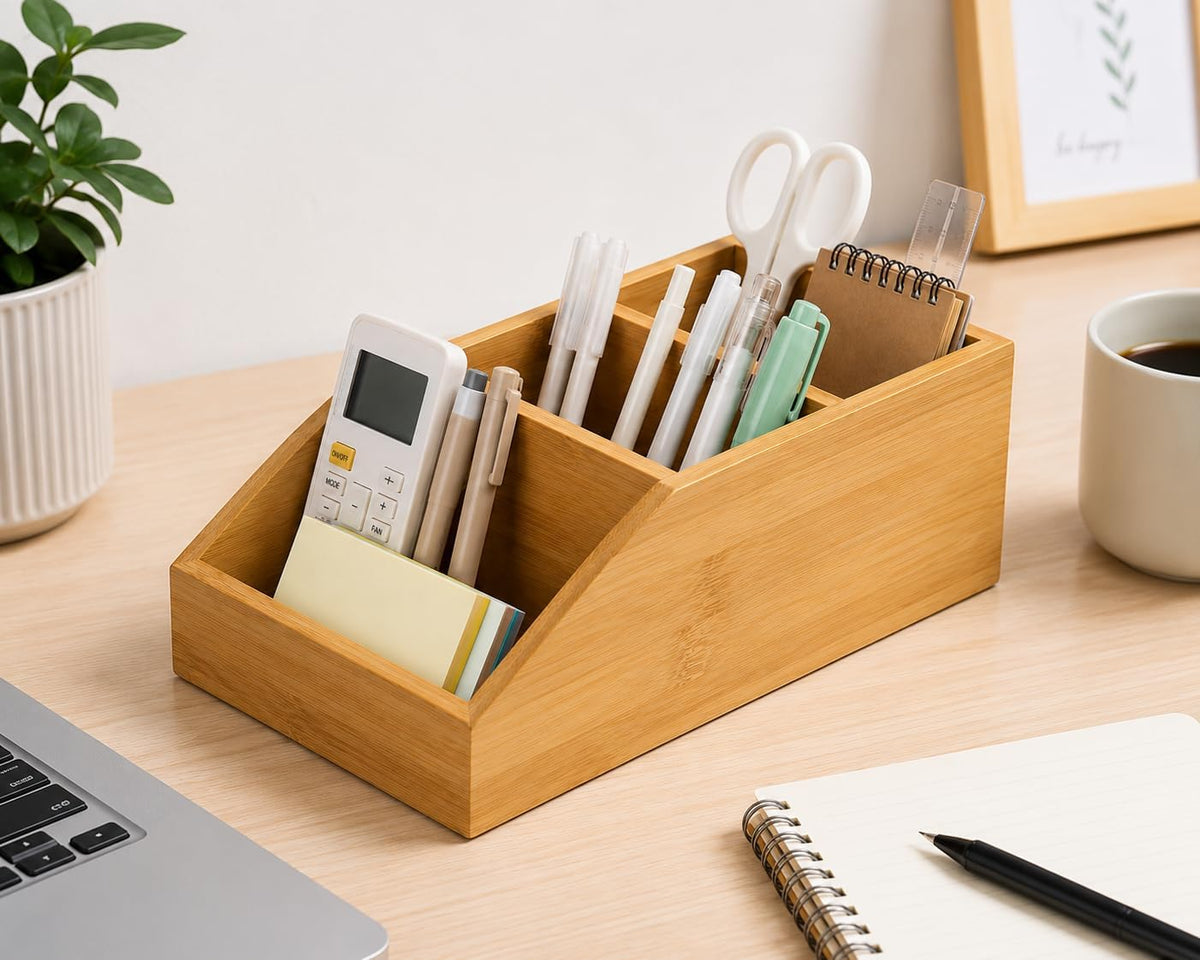 Bamboo Desk Organizer with 3 Compartments, Desktop Storage Organizer for Office Supplies, Makeup, Remote Controls and Accessories, Multi-Purpose Countertop Organizer for Home Office Desk