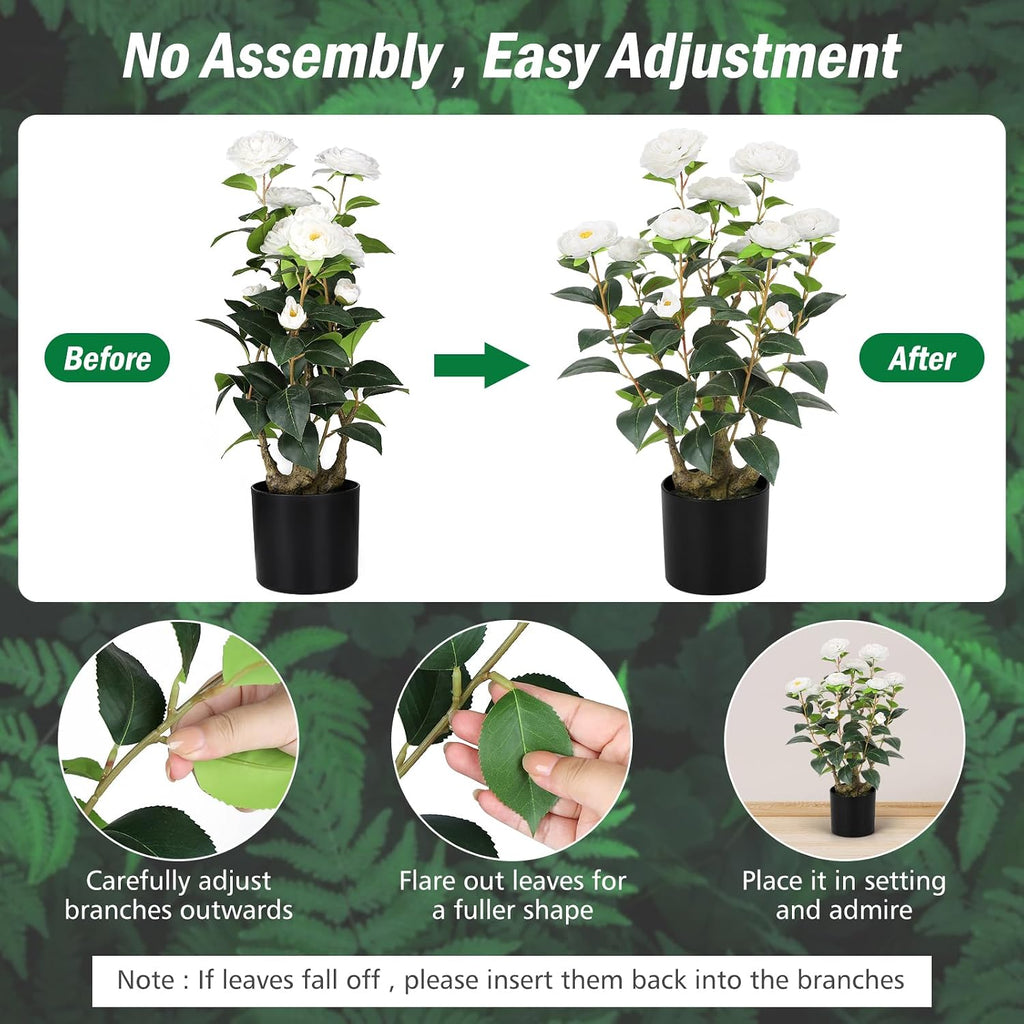 Romantic Season 2FT White Artificial Camellia Tree 2Pack, Faux Camellia Plant Fake Potted Camellia Flower Tree Plastic Camellia Tree for Modern Home Office Living Room Floor Décor