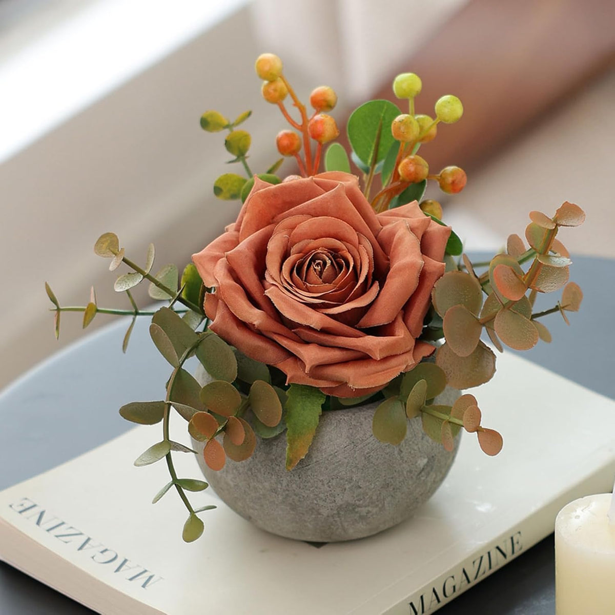 mizii DIY Small Artificial Flowers Potted Kit Fake Flower Realistic Silk Rose and Greenery with Vase for Gifts Table Centerpiece Mantle Office Desk Shelves Living Room Decorations (Orange)