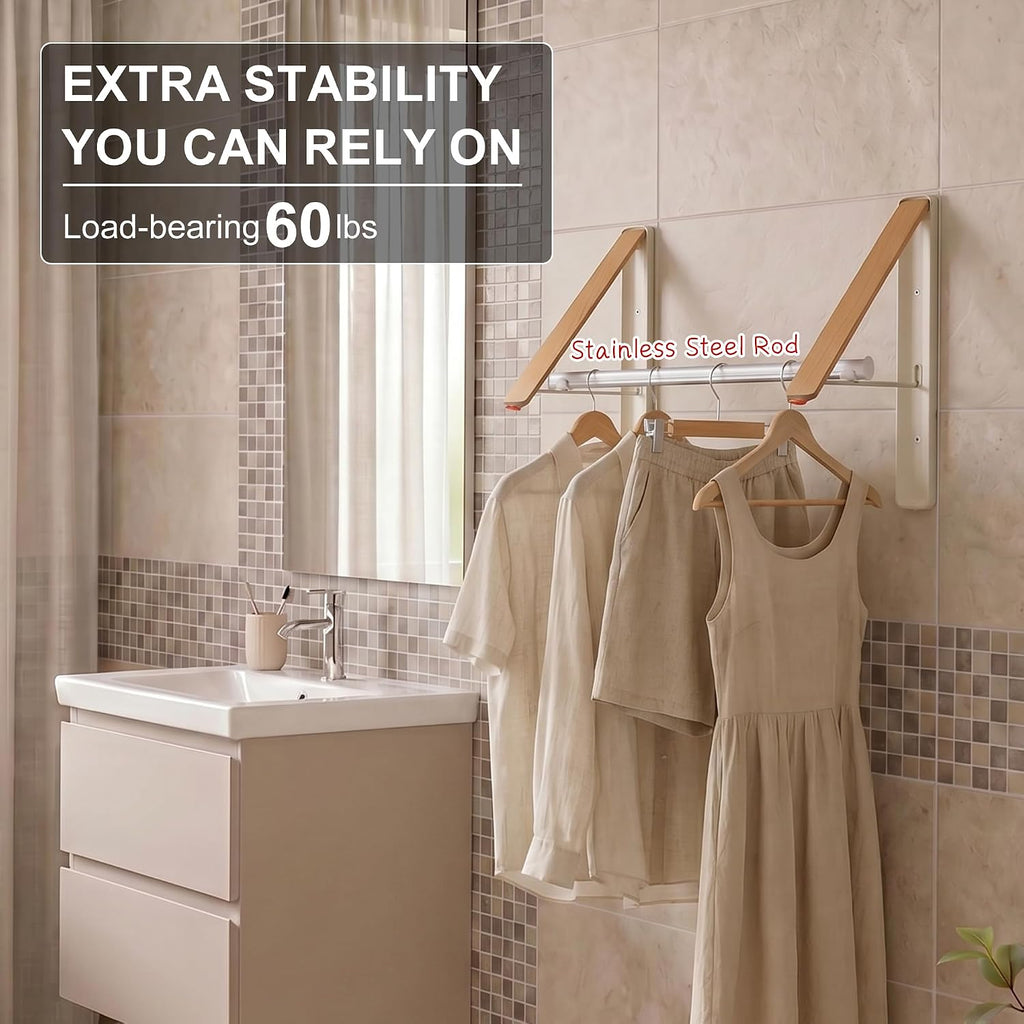 LEQ Clothes Drying Rack Wall Mounted, Foldable Laundry Drying Rack with Wood-Tone Aluminum Frame, Rustproof Retractable Clothes Hanger for Small Laundry Room, Bathroom, Balcony,(White, 2 Racks + Rod)