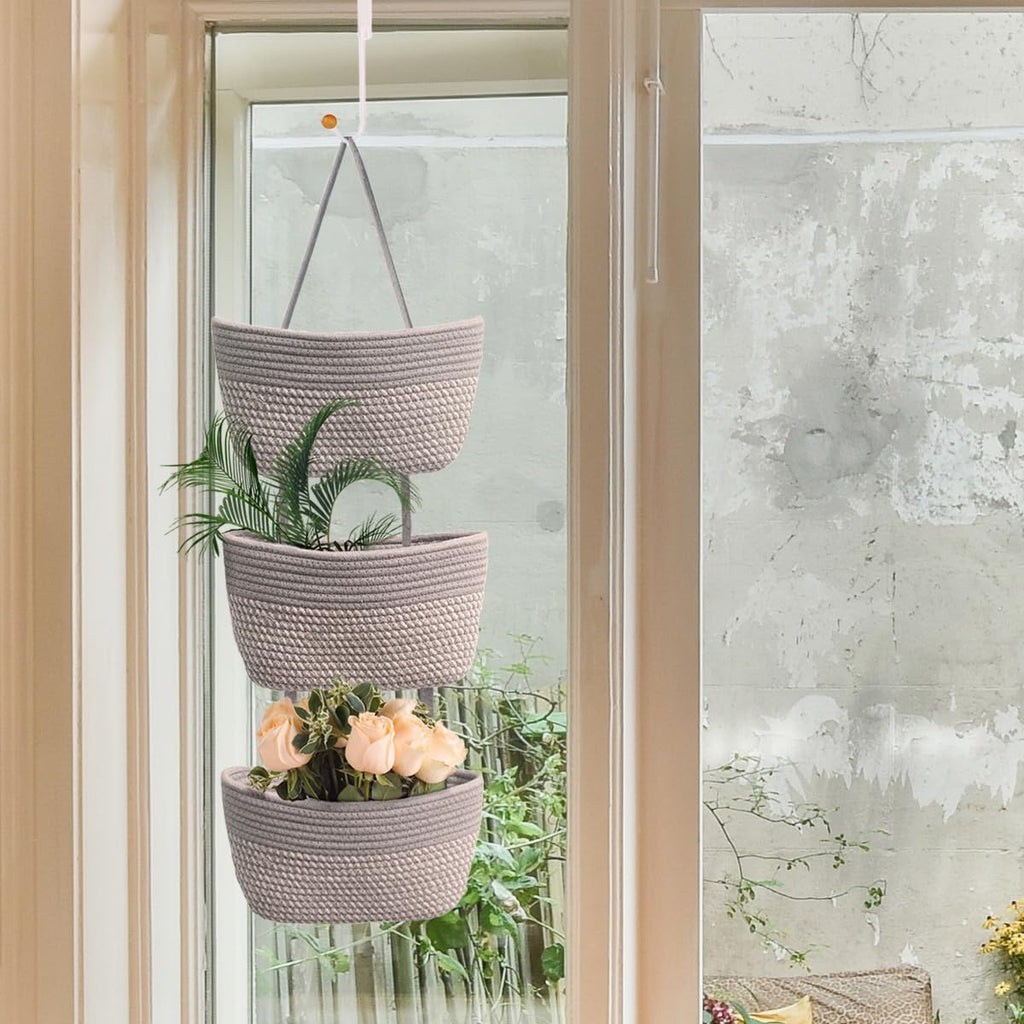 Over the Door Hanging Basket for Organizing 3 Tiers Woven Cotton Rope Wall Mount Storage basket Decorative Kitchen Hanging Organizer Bathroom include 1 door hook GrayStripe