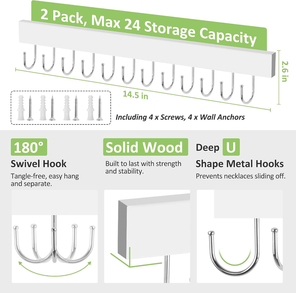 Jewelry Organizer Wall Mounted 2 Pack, Wooden Necklace Holder Wall Hanger with 24 Hooks for Hanging Necklaces and Jewelry Storage, White