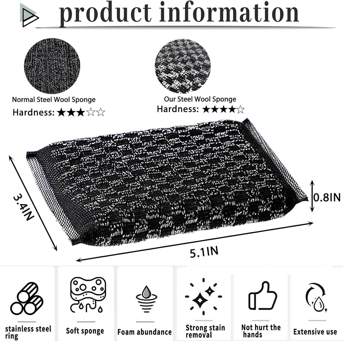 Steel Wool Scrubbers Dish Sponges Kitchen Scrubbing Pads Pot Scrubber for Kitchen Non Scratch, Soft and Fast Cleaning Scrubber (Black)