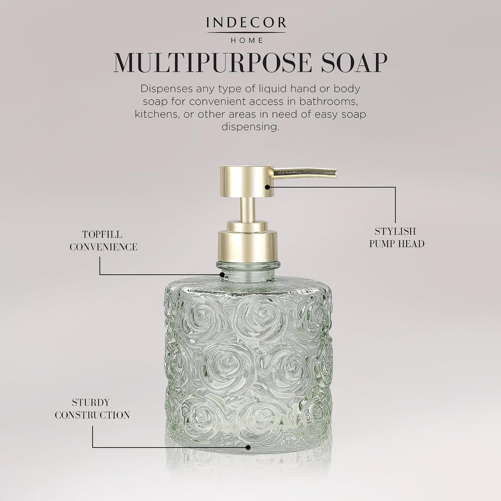 Marcella Glass Soap Dispenser with Soap Pump, Refillable 14 Ounce Capacity, Floral Design Rose Patterns, Heavy Weight Thick Glass for Bathroom, Premium Kitchen Soap Dispenser Reseda Sage