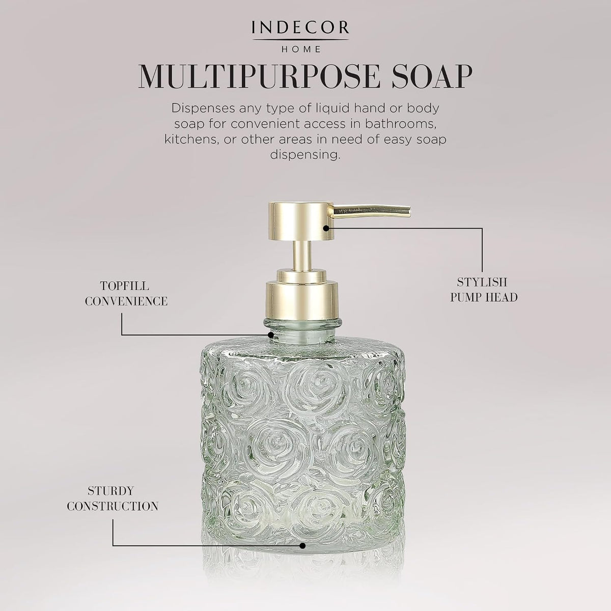 Marcella Glass Soap Dispenser with Soap Pump, Refillable 14 Ounce Capacity, Floral Design Rose Patterns, Heavy Weight Thick Glass for Bathroom, Premium Kitchen Soap Dispenser Reseda Sage