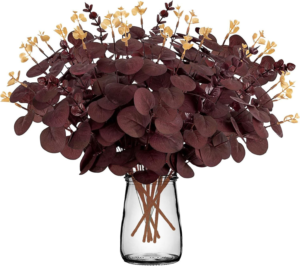 Yen Jean 20PCS Dark Wine Red Halloween Eucalyptus Stems Artificial Fake Flowers Bulk Decorations, Burgundy Branches for Indoor Table Centerpieces Party Supplies