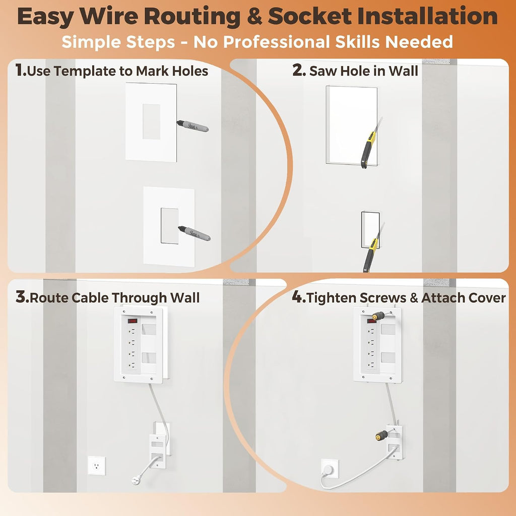 In Wall Cable Management Kit with Recessed Outlet Box, 4 Outlets, 9.8FT Cord, Hand Saw & Cable Ties, TV Cord Hider for Wall Mounted TV, Fits All Plugs, Easy Safe Cable Management for TV & Home Theater