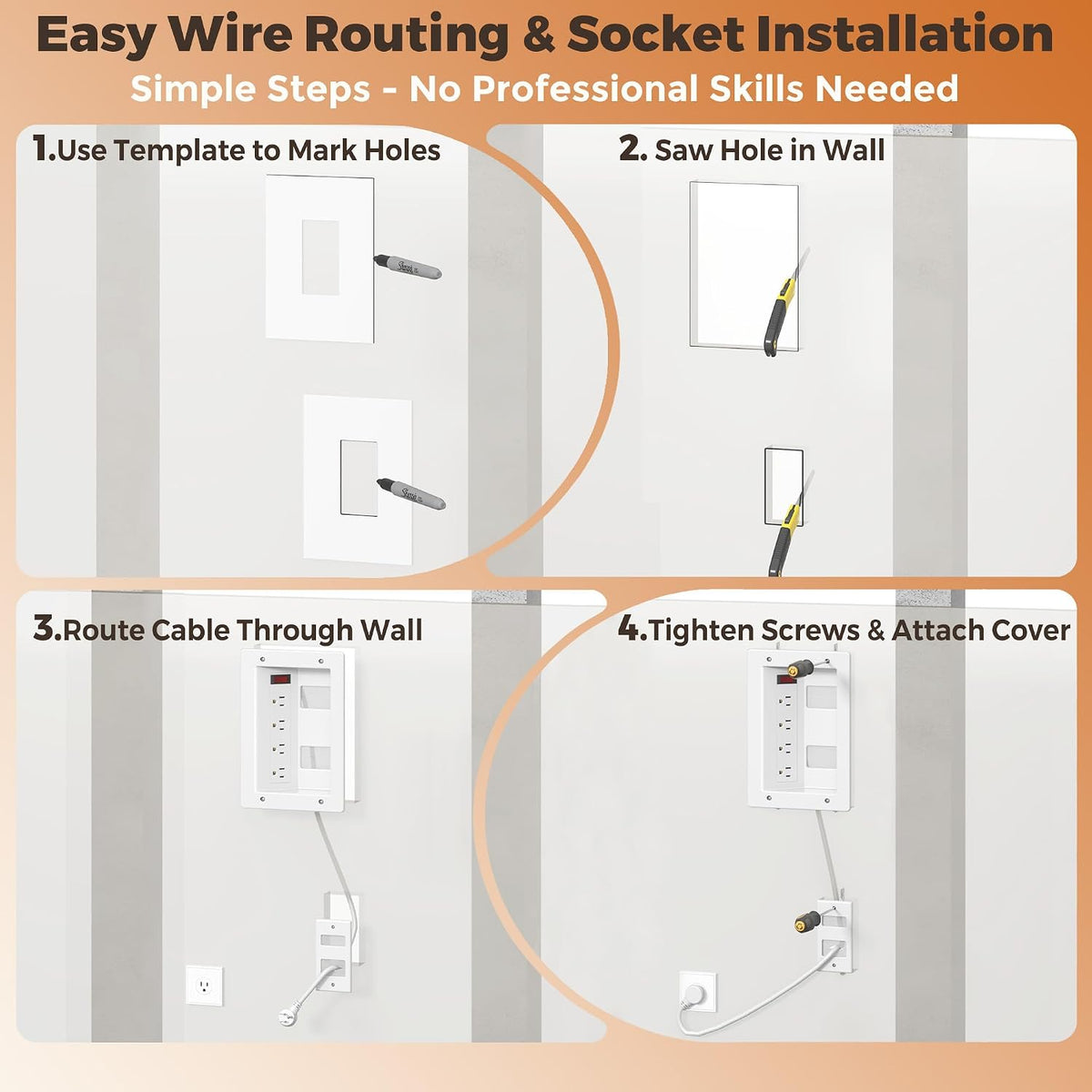In Wall Cable Management Kit with Recessed Outlet Box, 4 Outlets, 9.8FT Cord, Hand Saw & Cable Ties, TV Cord Hider for Wall Mounted TV, Fits All Plugs, Easy Safe Cable Management for TV & Home Theater