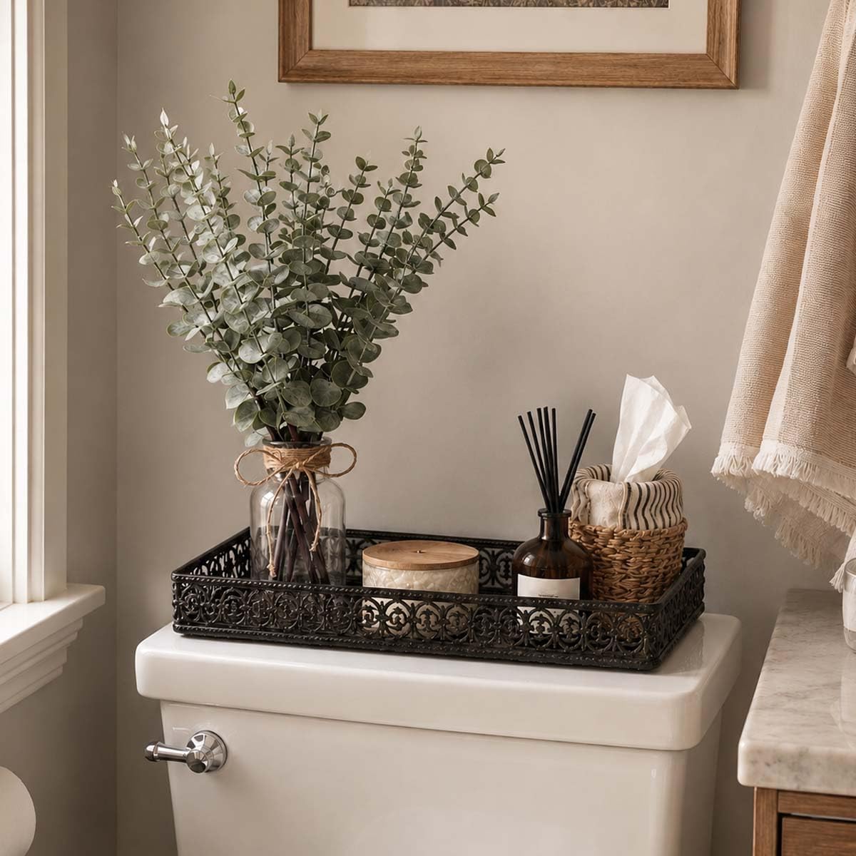SwanMoon Artificial Eucalyptus Stems in Glass Vase with Faux Water, 17.5 Inch Mini Faux Greenery Plant for Bathroom Vanity, Coffee Table, Farmhouse Office, Wedding Home Table Centerpieces Decor