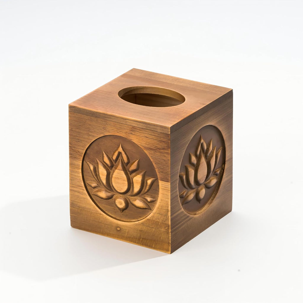 Ukwell Wood Carved Tissue Box Cover Square Distressed Brown Tissue Holder with Embossed Lotus Pattern, Rustic Vintage Home Decor for Bathrooom Bedroom Living Room