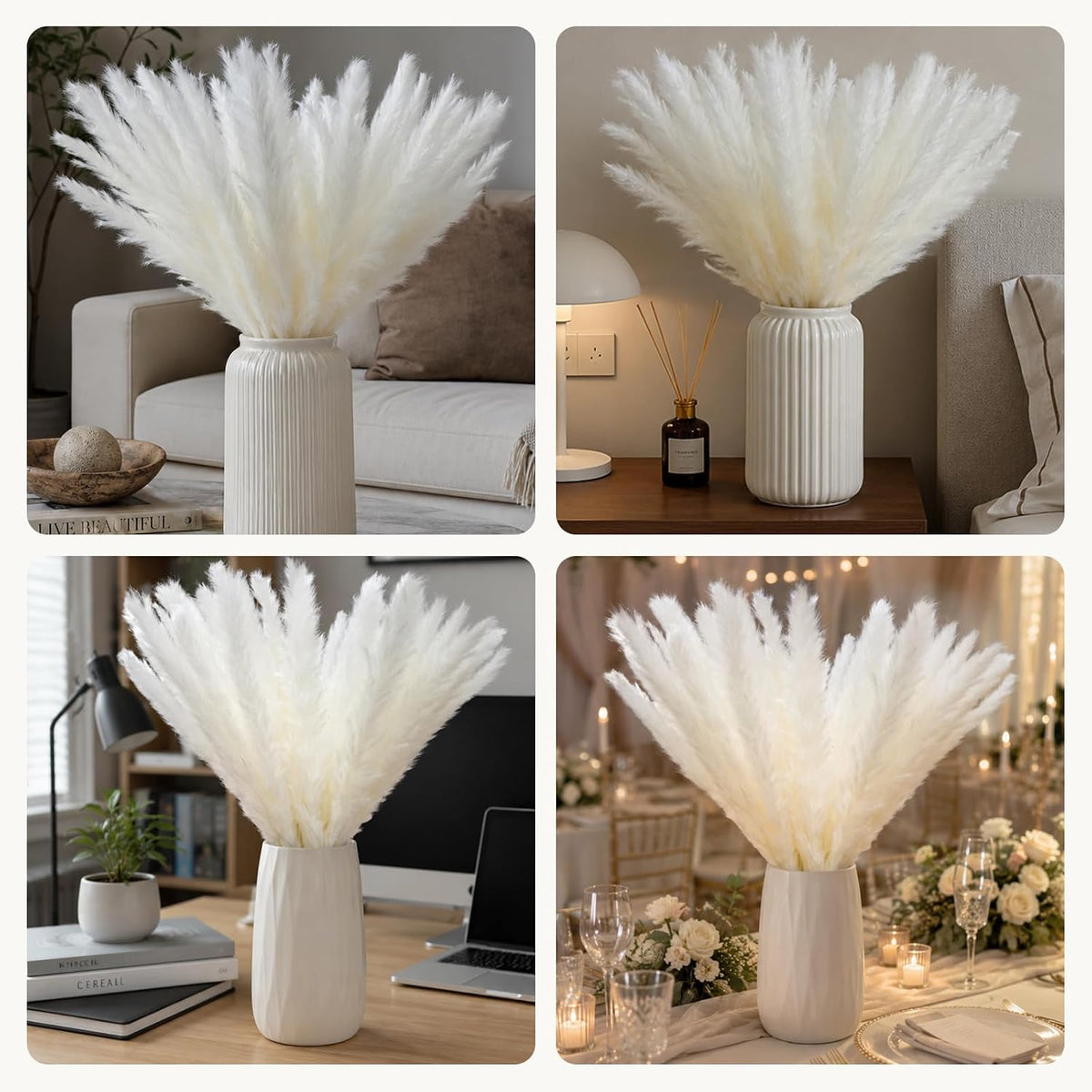 LIAN 100 Pcs White Small Pampas Grass Bouquet, Dried Reeds for Boho Decor