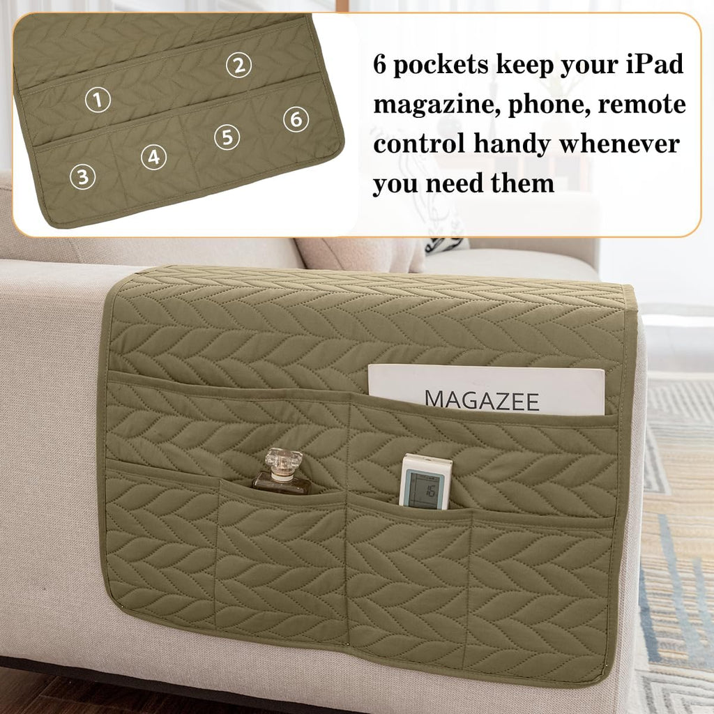 Sofa Armrest Organizer Arm Chair Caddy for Recliner, Remote Control Holder for Recliner, Non-Slip Armchair Caddy with 6 Pockets Storage for Magazine, Tablet, Phone, Dark Khaki