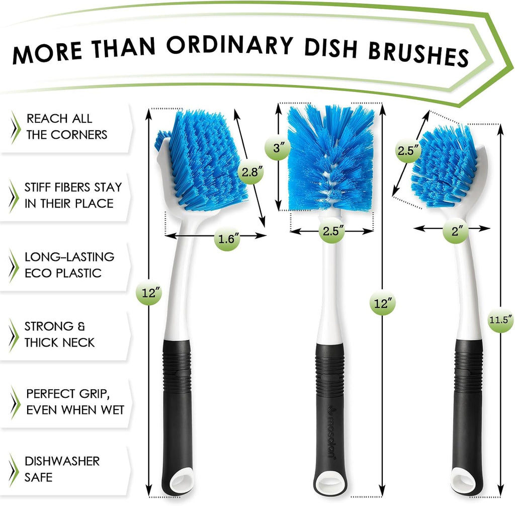 MOSOLAN Dish Brush Set of 3 with Bottle Brush, Dish Scrub Brush, Flat Head
