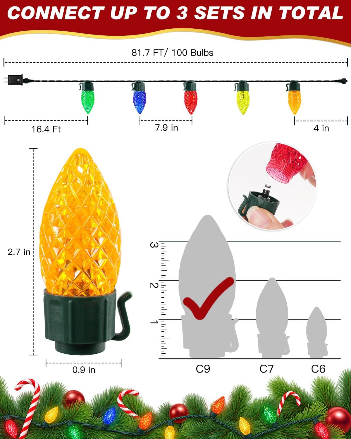 C9 LED Christmas String Lights Outdoor, 114 FT 150 LEDs Multicolor Plug in