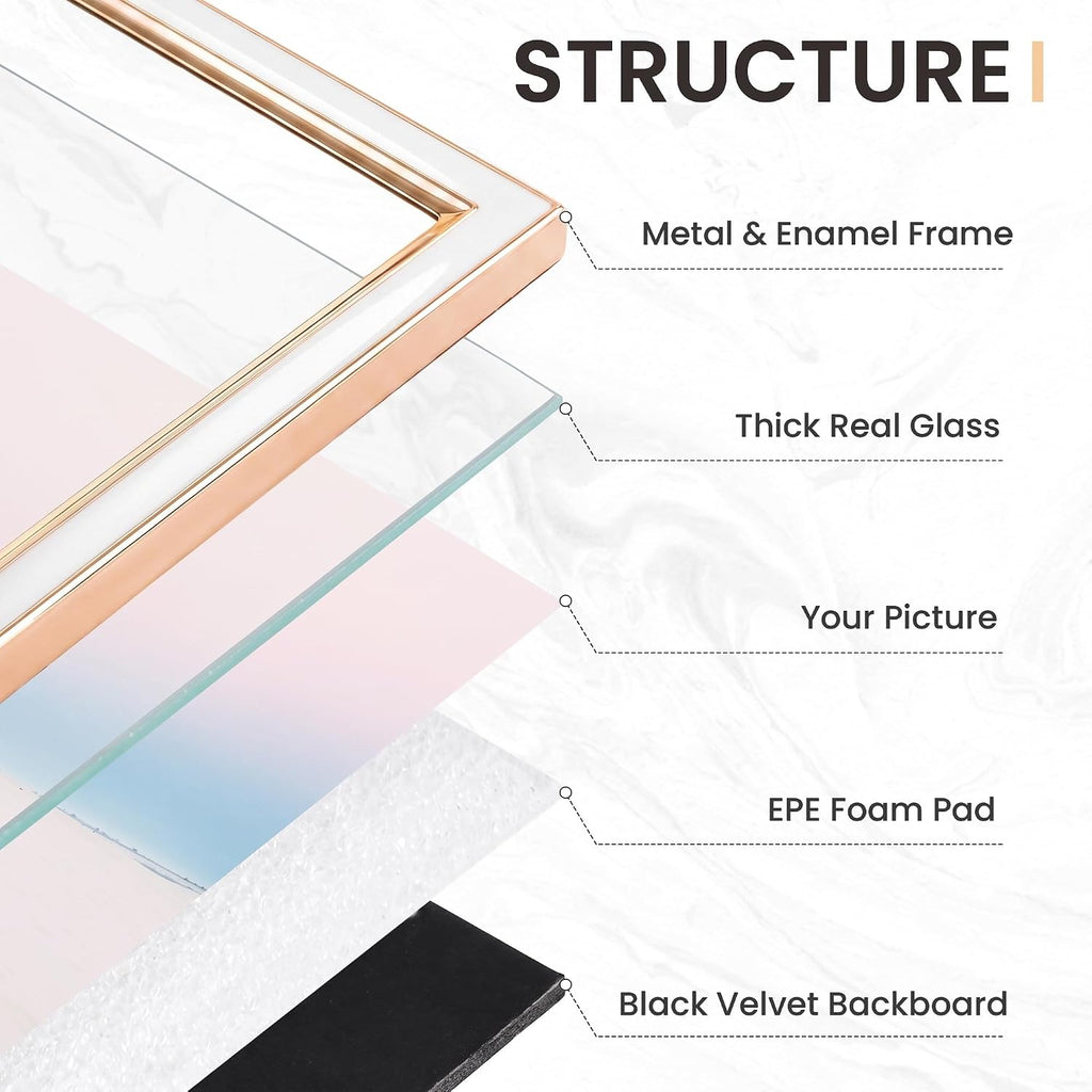 Venusmiles 5x7 Enamel Picture Frames with Tempered Glass, 1 Pack White Photo Frame with Gold Metal Edge, Horizontal and Vertical Display Pictures 5x7 for Wall and Tabletop, Bookshelf, Wall Decor