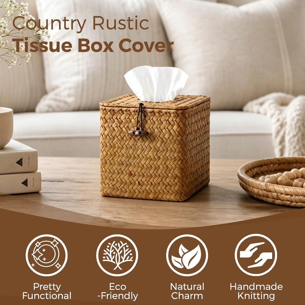 Seagrass Tissue Box Cover Square, Woven Wicker Tissue Box Holder, Orange