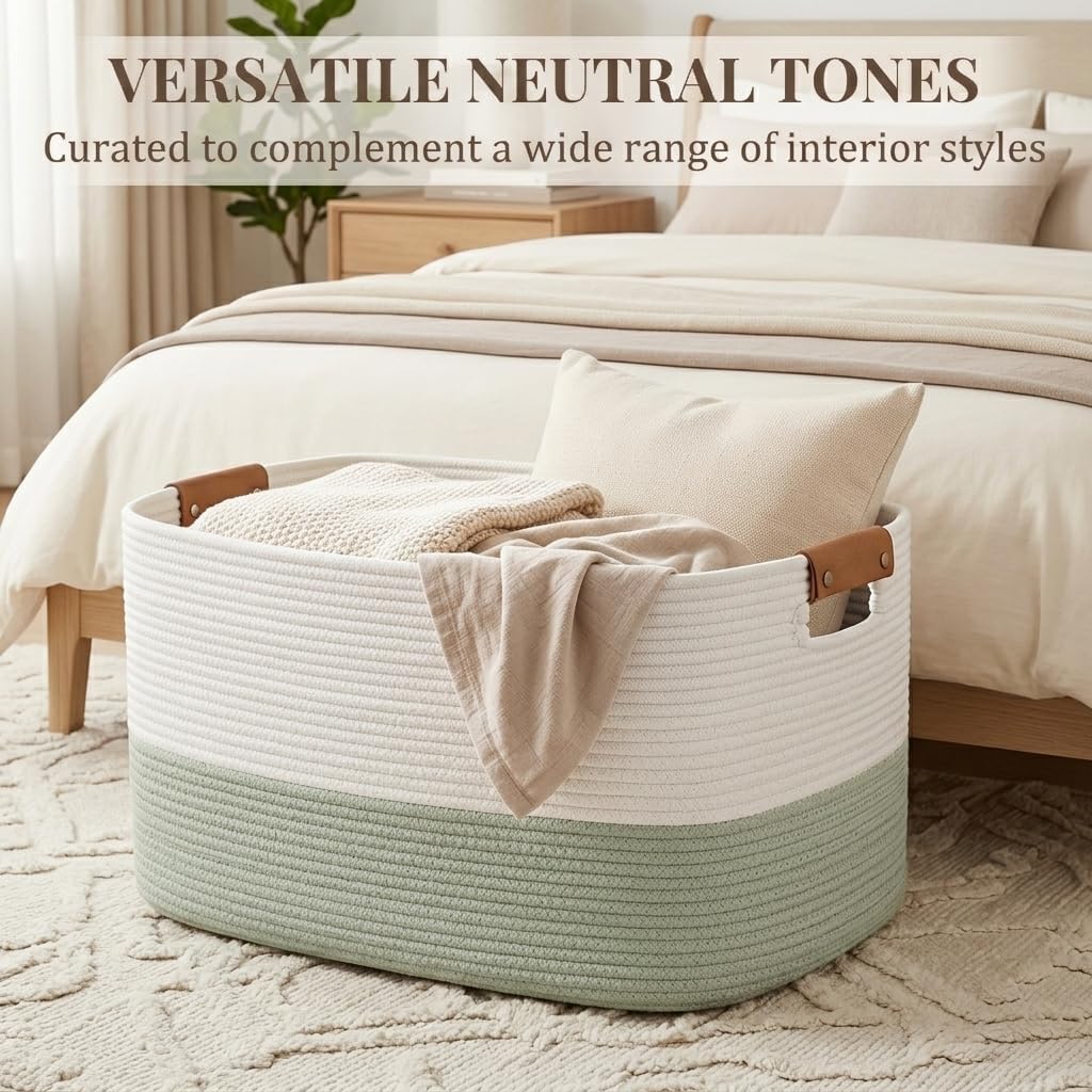 Danpinera 70L Large Woven Blanket Basket for Living Room White & Sage Green