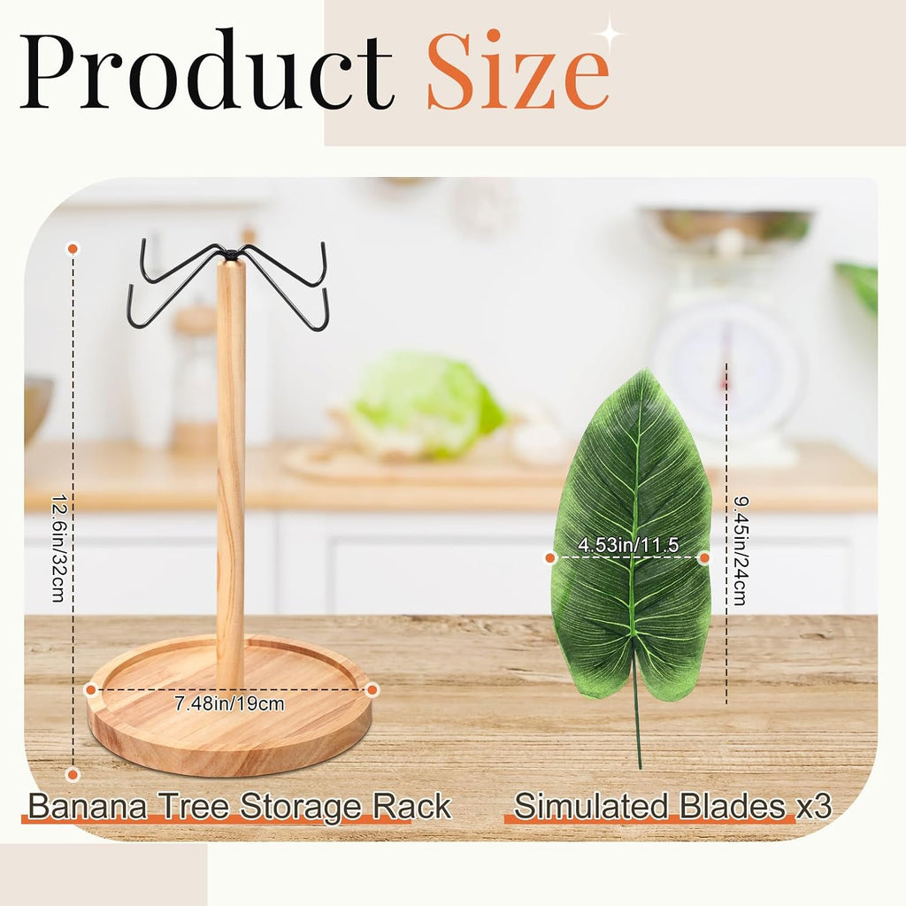 Chunful Banana Holder Banana Hanger Tree with 4 Metal Hooks Decorative Wooden Fruit Bowl Countertop Vegetable Storage Basket Stand, Vertical Storage Rack for Kitchen Dining Room