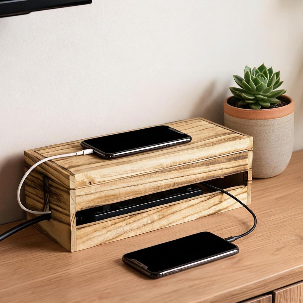 Changsuo Cable Management Box Wooden Cord Organizer Box for Extension Cord Power Stripe Surge Protector Wire Management Concealer Cover Hider for Desktop Home Office Kitchen (Carbonized Brown)