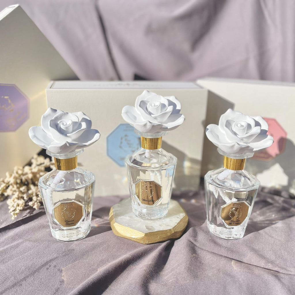 Reed Diffuser Set, Pretty Valley Home Diffuser Rose Petals Gypsum White Flower Oil 100Ml / 3.38fl OZ Gift Box for Bathroom Office Bathroom Living Room Decor (Magnolia & Orchid)