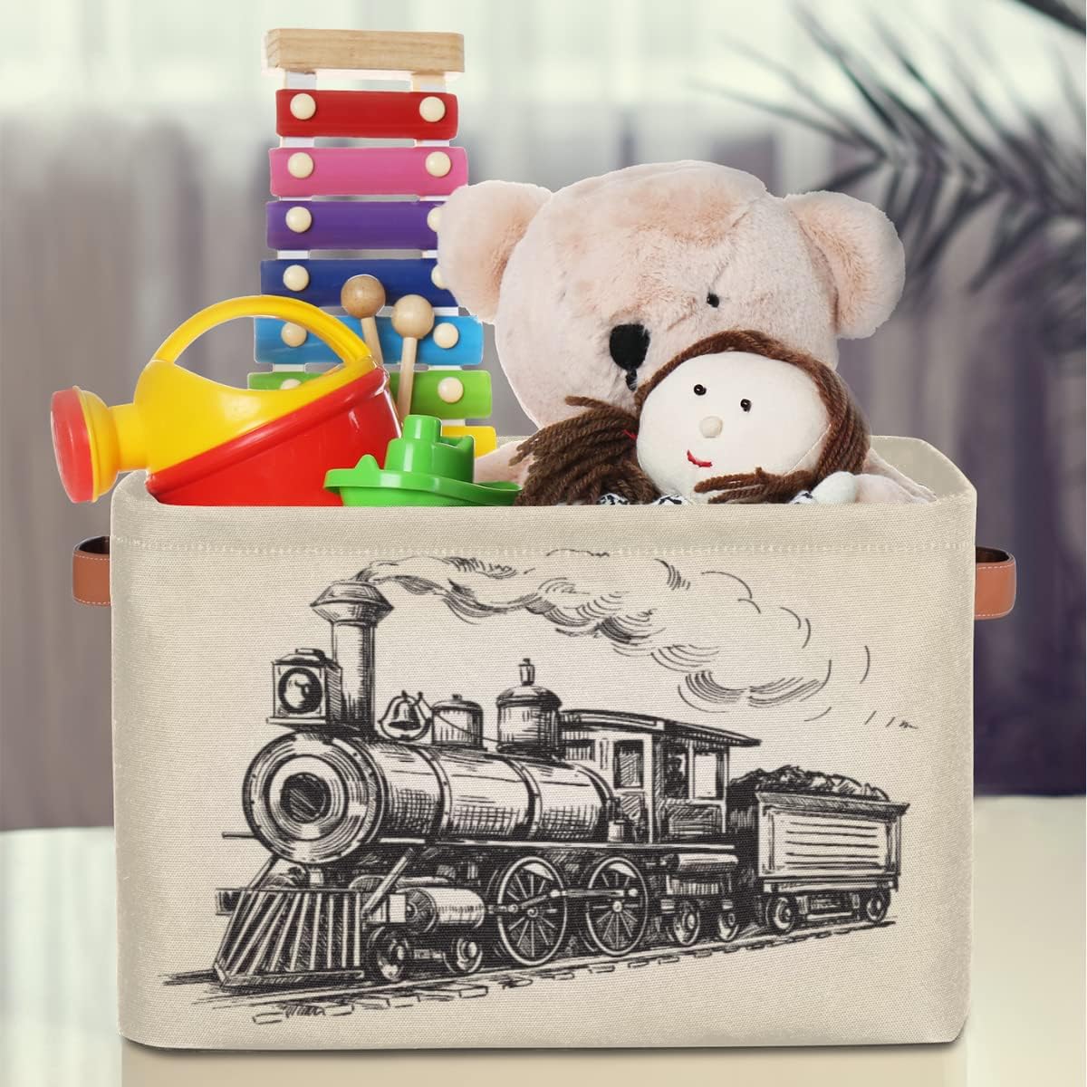 Large Storage Baskets for Organizing Shelves Vintage Steam Locomotive Train Foldable Cube Storage Bins with Handles Rectangle Fabric Closet Organizers for Home Toys Clothes, 2 Pack
