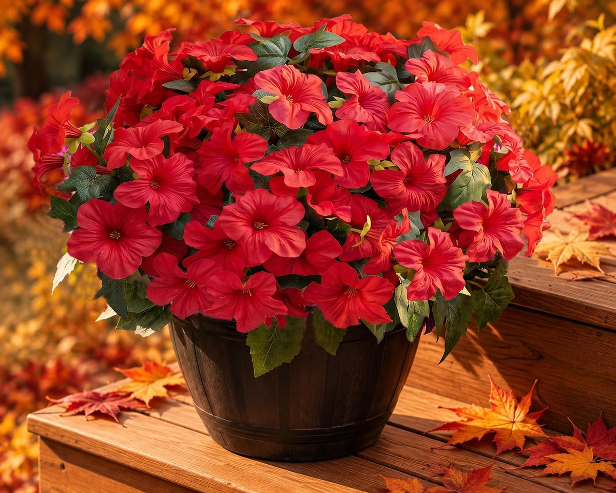 Artificial Fake Flowers Plants for Outdoor Decoration, 4PCS Faux Petunias Silk Flower UV Resistant No Fade for Home Outside Garden Balcony Yard Porch Realistic Indoor Decor (Red)